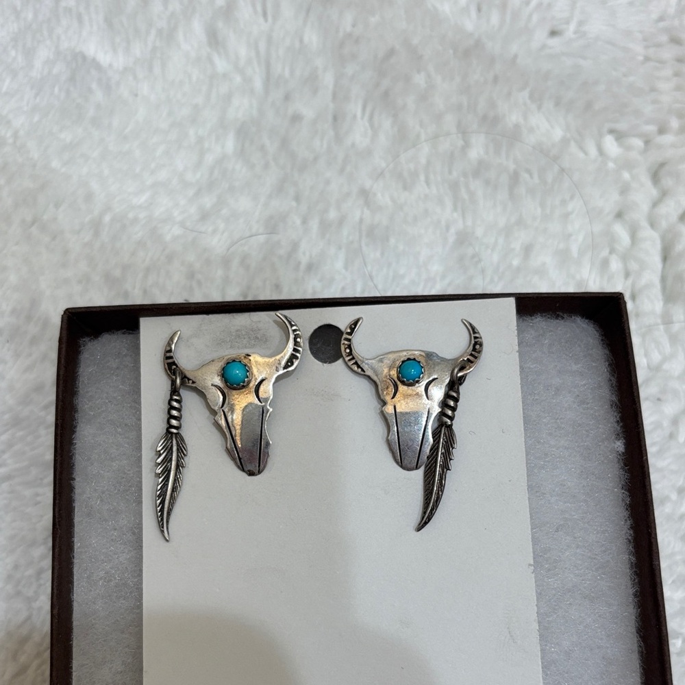 Authentic Turquoise and Sterling Silver Cow Skull Earrings.